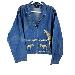 Giclee Embroidered Safari Animals Giraffe Zebra Jean Jacket Women's 3X Denim NEW